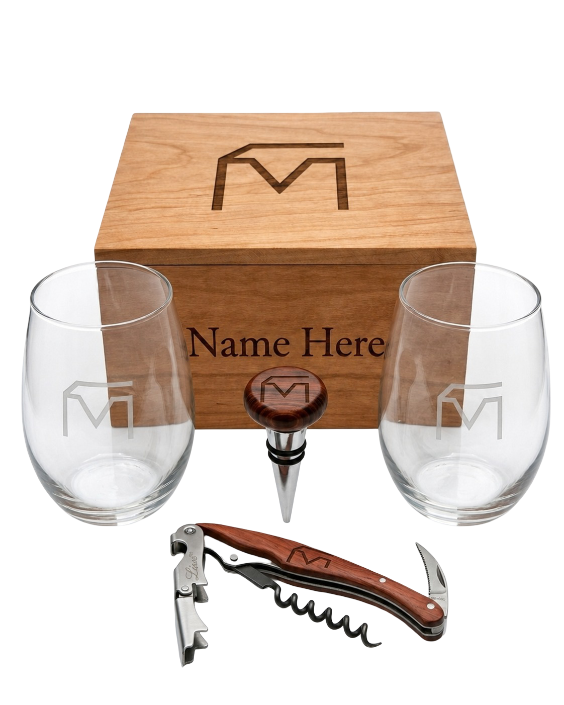 Musser Trifecta Wine Box with engraved wine glasses, wood wine stopper and wood wine key