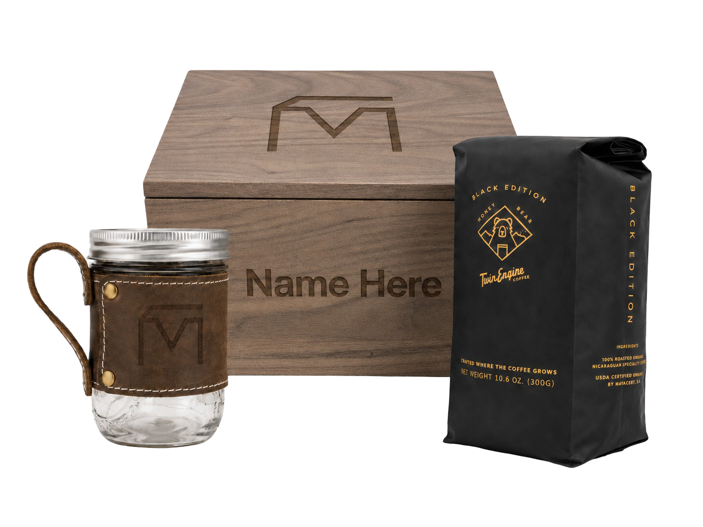 Musser Coffee Box with engraved leather mason jar mug and premium coffee
