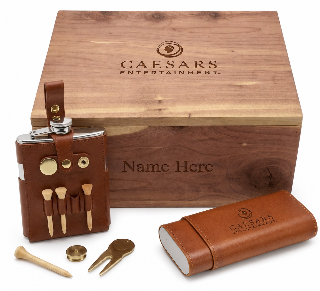 Musser Golf Box with engraved golf flask and leather cigar case