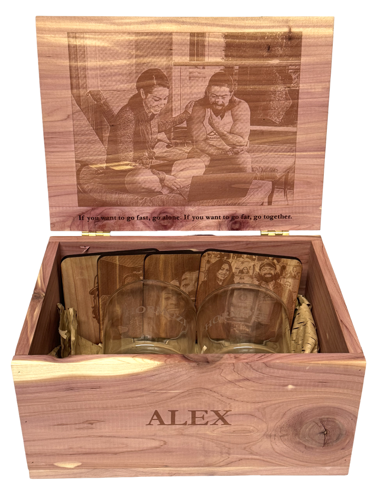 Musser Whiskey Box with two engraved DOF glasses and four engraved wooden coasters