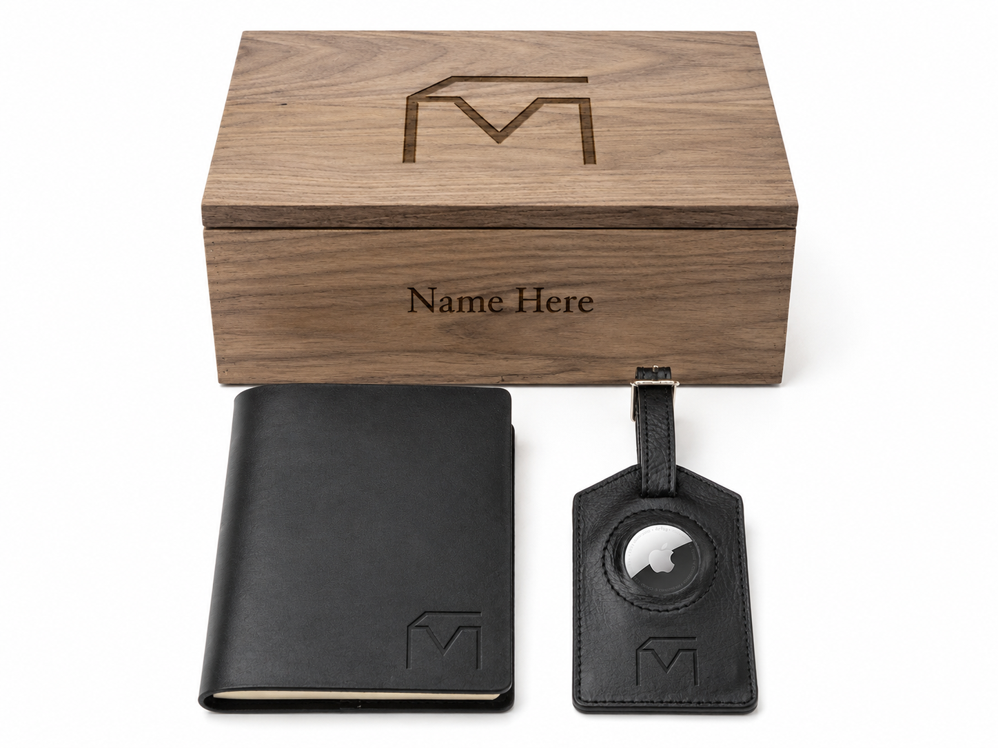 Musser Frequent Flyer Box with Apple AirTag, engraved leather luggage tag and pocket travel journal