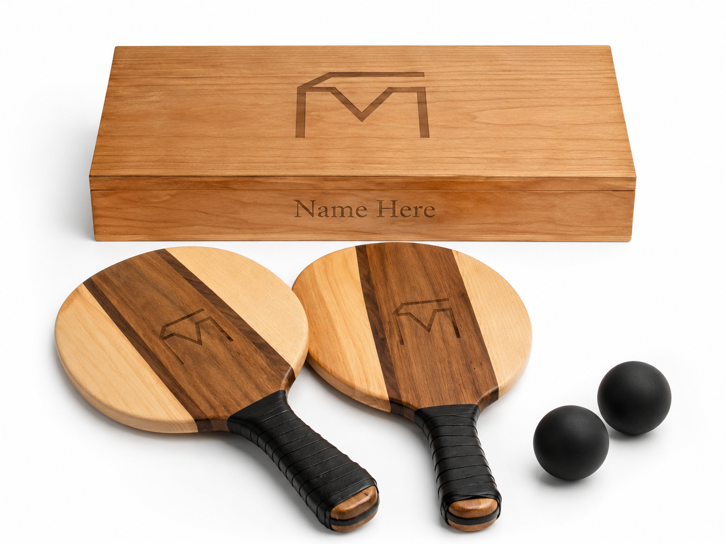 Musser Paddle Ball Box with white ash, acacia and walnut paddles and rubber balls