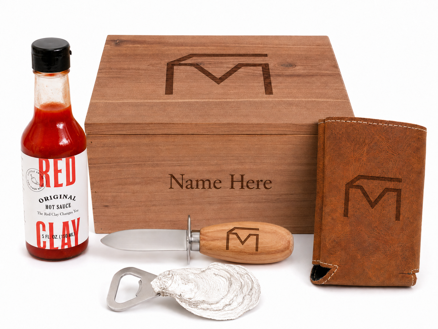 Musser Coastal Box with southern hot sauce, engraved oyster knife, leather koozie and oyster bottle opener