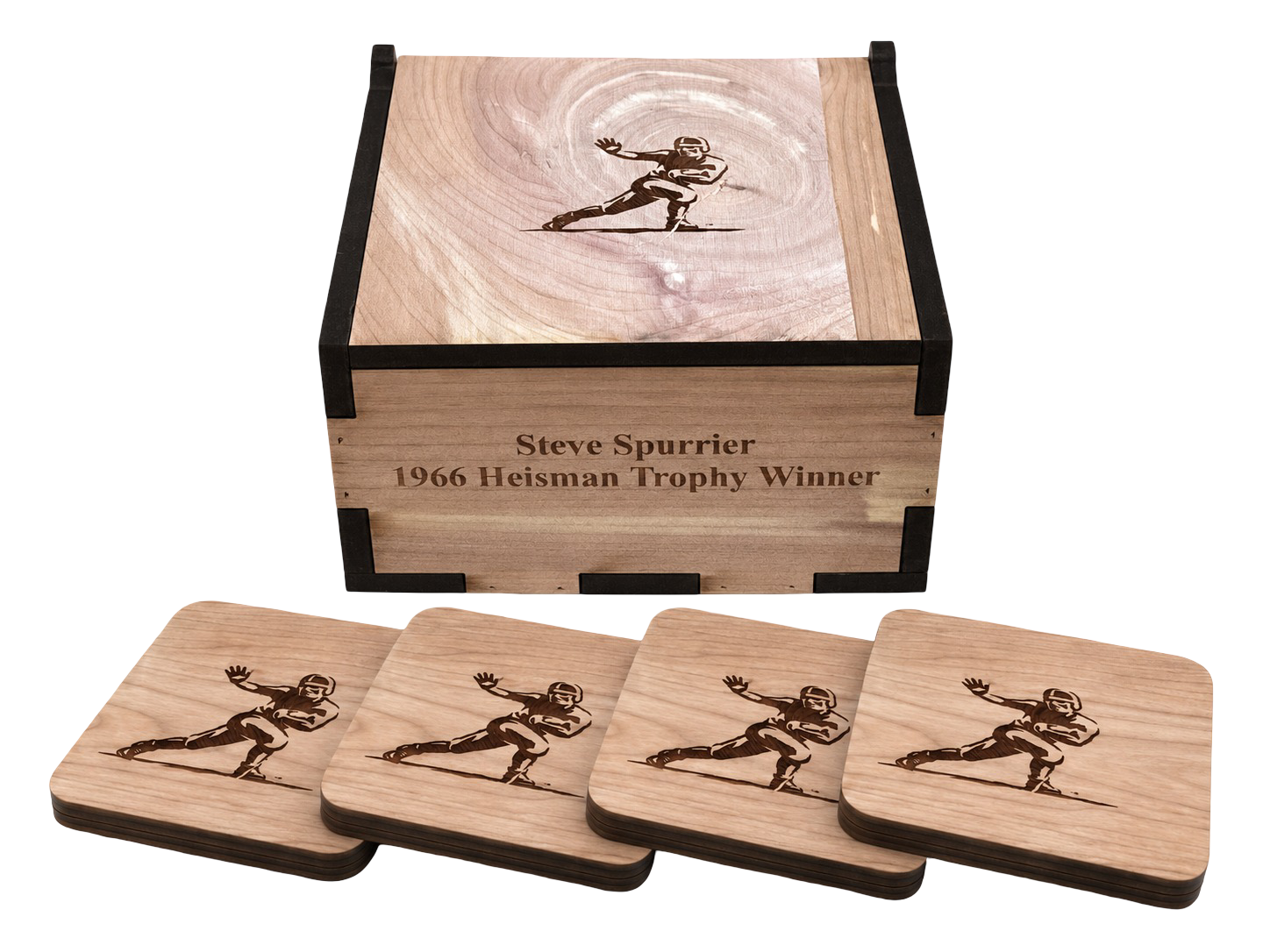 Musser Coaster Box with four engraved premium wooden coasters