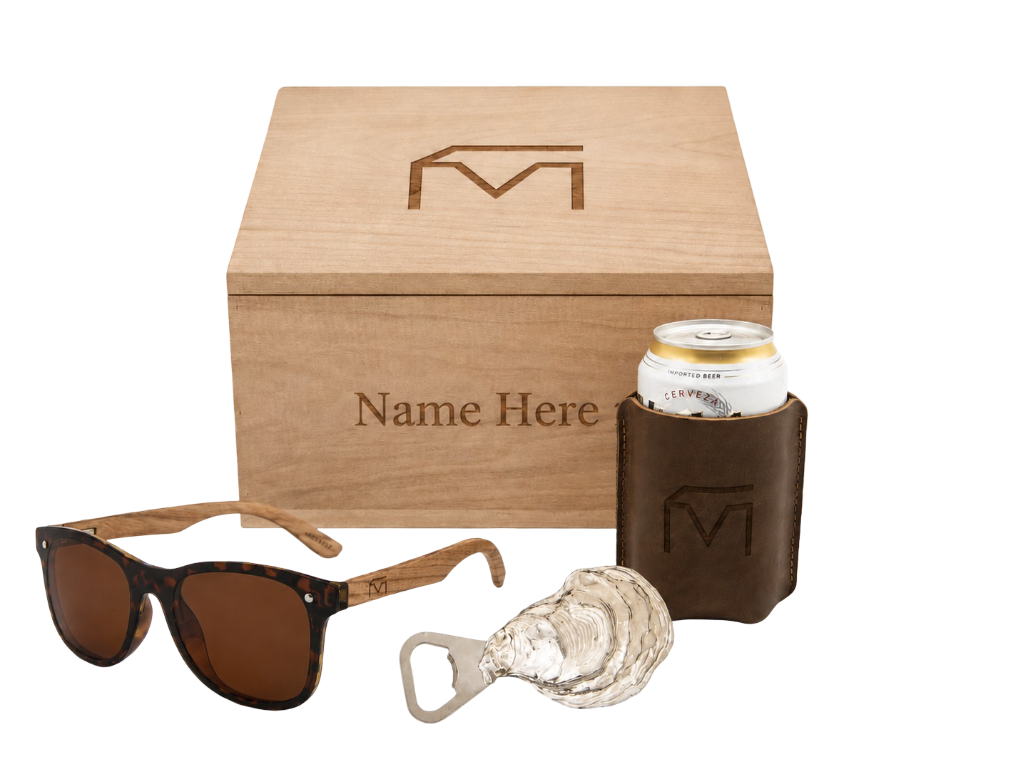 Musser Beach Box with engraved wooden sunglasses, oyster bottle opener and engraved leather koozie
