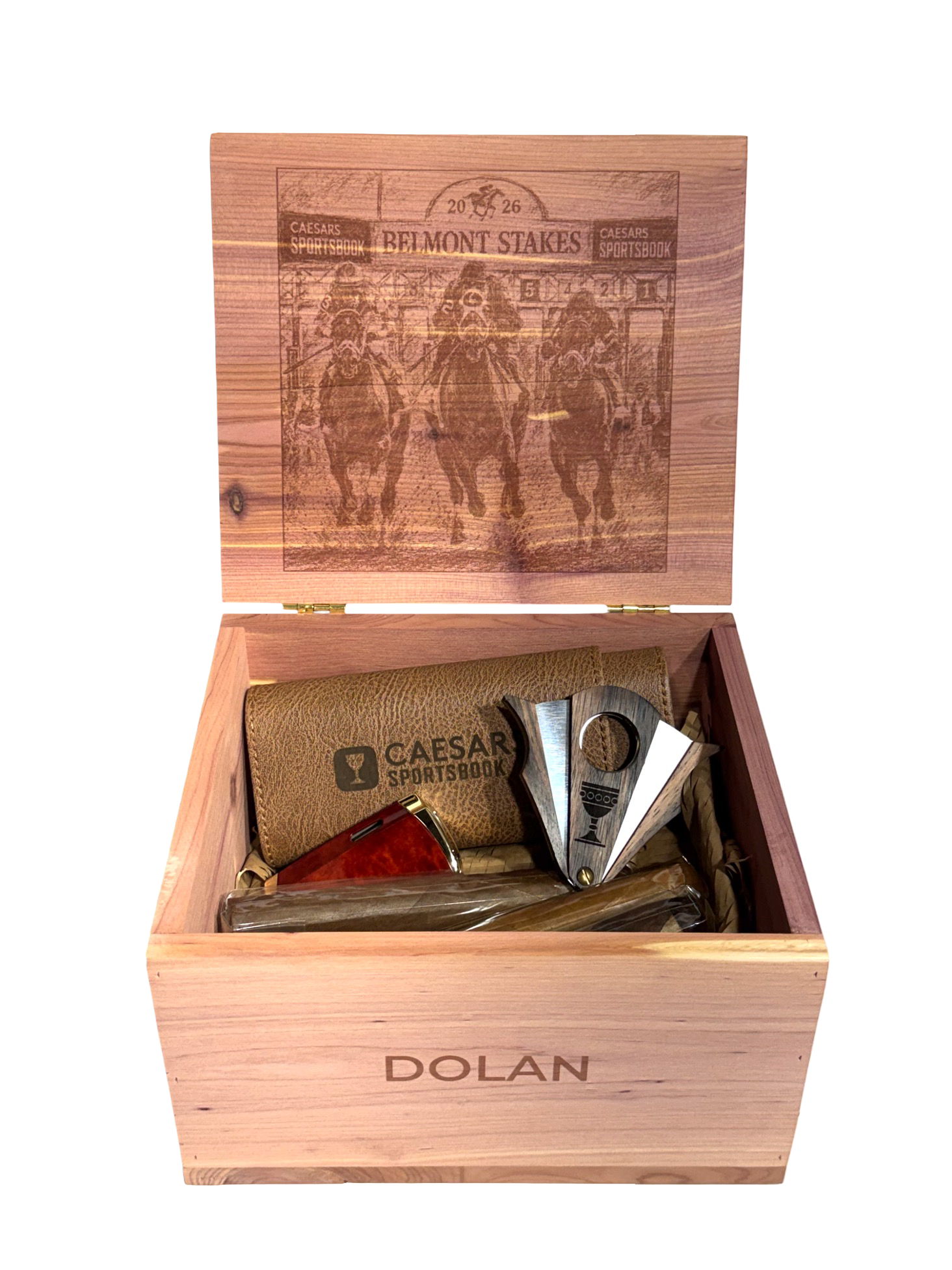 Musser Cigar Box with engraved wooden torch, butterfly cutter, leather cigar case and three cigars