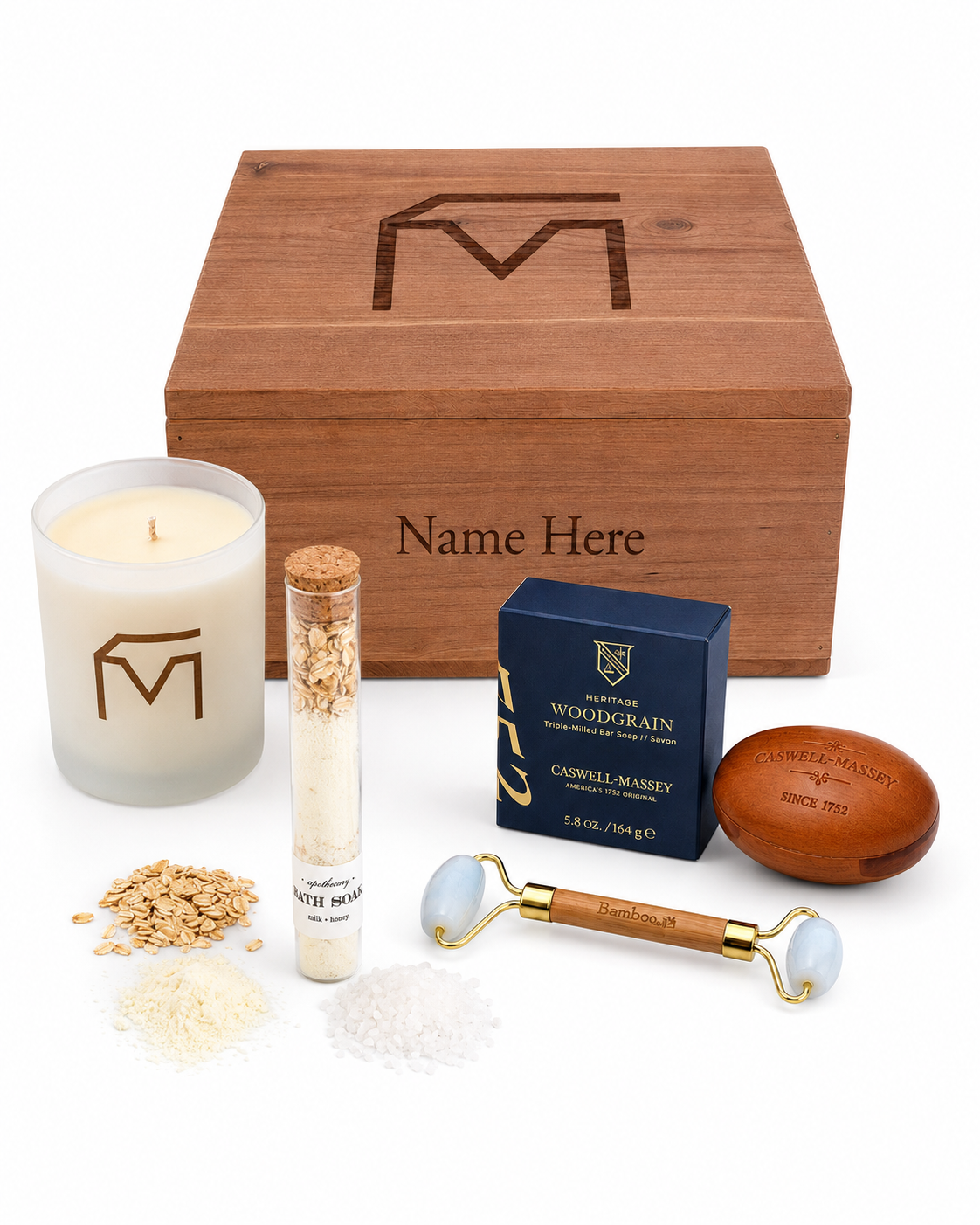 Musser Self-Care Box with engraved candle, milk and honey bath soak, sandalwood soap and bamboo facial roller