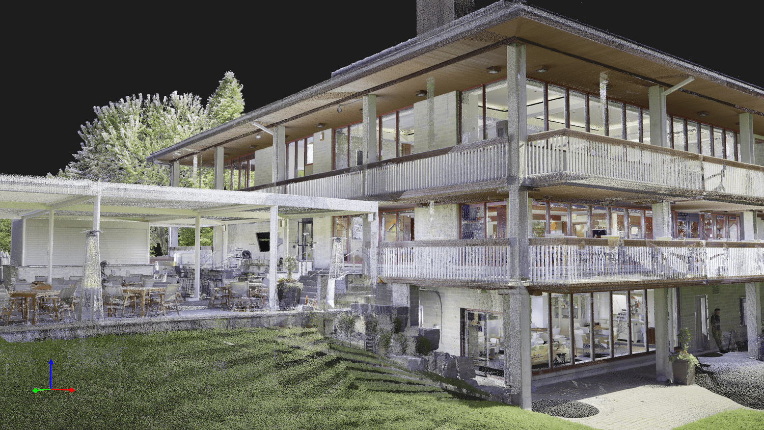 Point-cloud visualization showing the captured geometry of a building