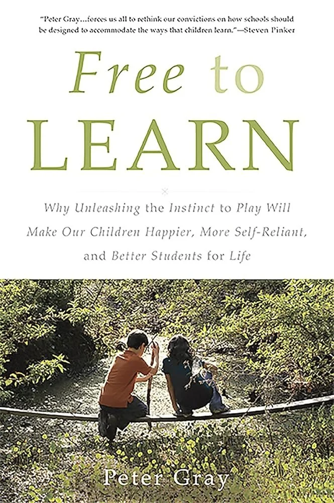 Book cover for "Free to Learn" by Peter Gray showing two children immersed in nature. They crouch on a board suspended over water,  exploring the water with a stick.