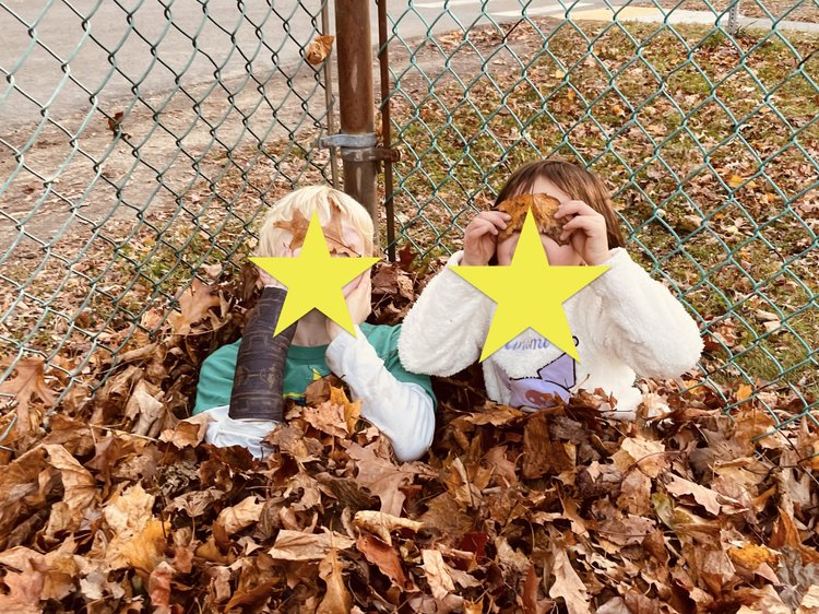 Two children in a leaf pile. Star graphics anonymize their faces.