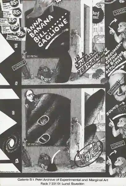 Poster of the exhibition IN A LUNDADA PERFORMANCE by ANNA BANANA & BILL GAGLIONE