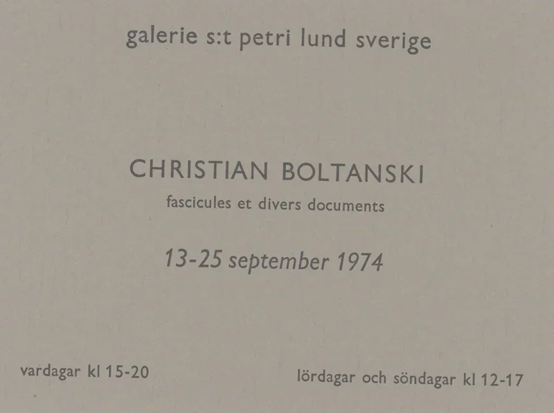 Poster of the exhibition FASCICULES ET DIVERS DOCUMENTS by CHRISTIAN BOLTANSKI