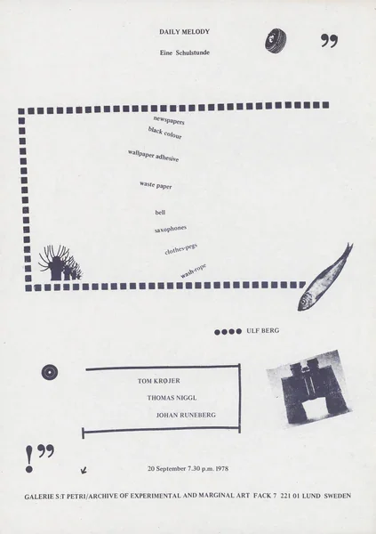 Poster of the exhibition DAILY MELODY by ULF BERG, TOM KRØJER, THOMAS NIGGL, AND JOHAN RUNEBERG 