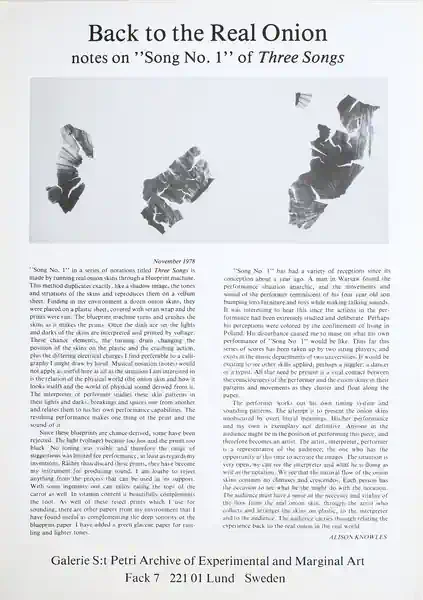 Poster of the exhibition Back to the Real Onion by ALISON KNOWLES