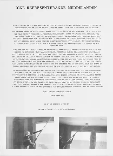 Poster of the exhibition ICKE REPRESENTERANDE MEDDELANDEN by STIG LARSSON & THOMAS NÄSHOLM