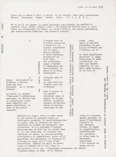 Poster of the exhibition PRATIQUE DU SIGNE by JOËLLE DAUTRICOURT