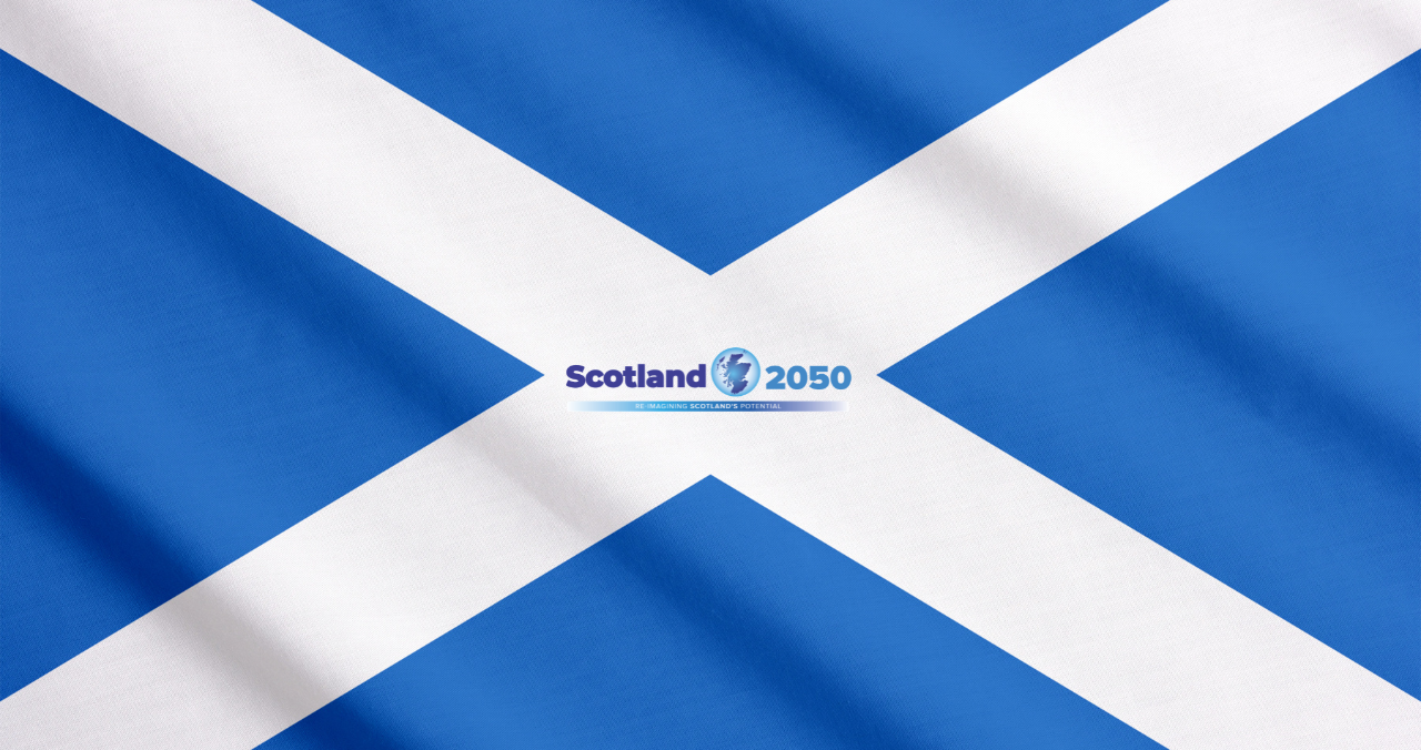 The Scotland flag with the Scotland 2050 logo