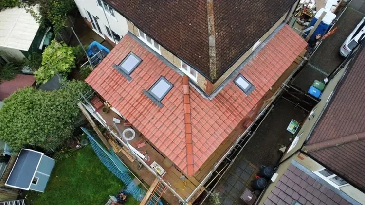Completed roof with rooflights on a loft and roof extension