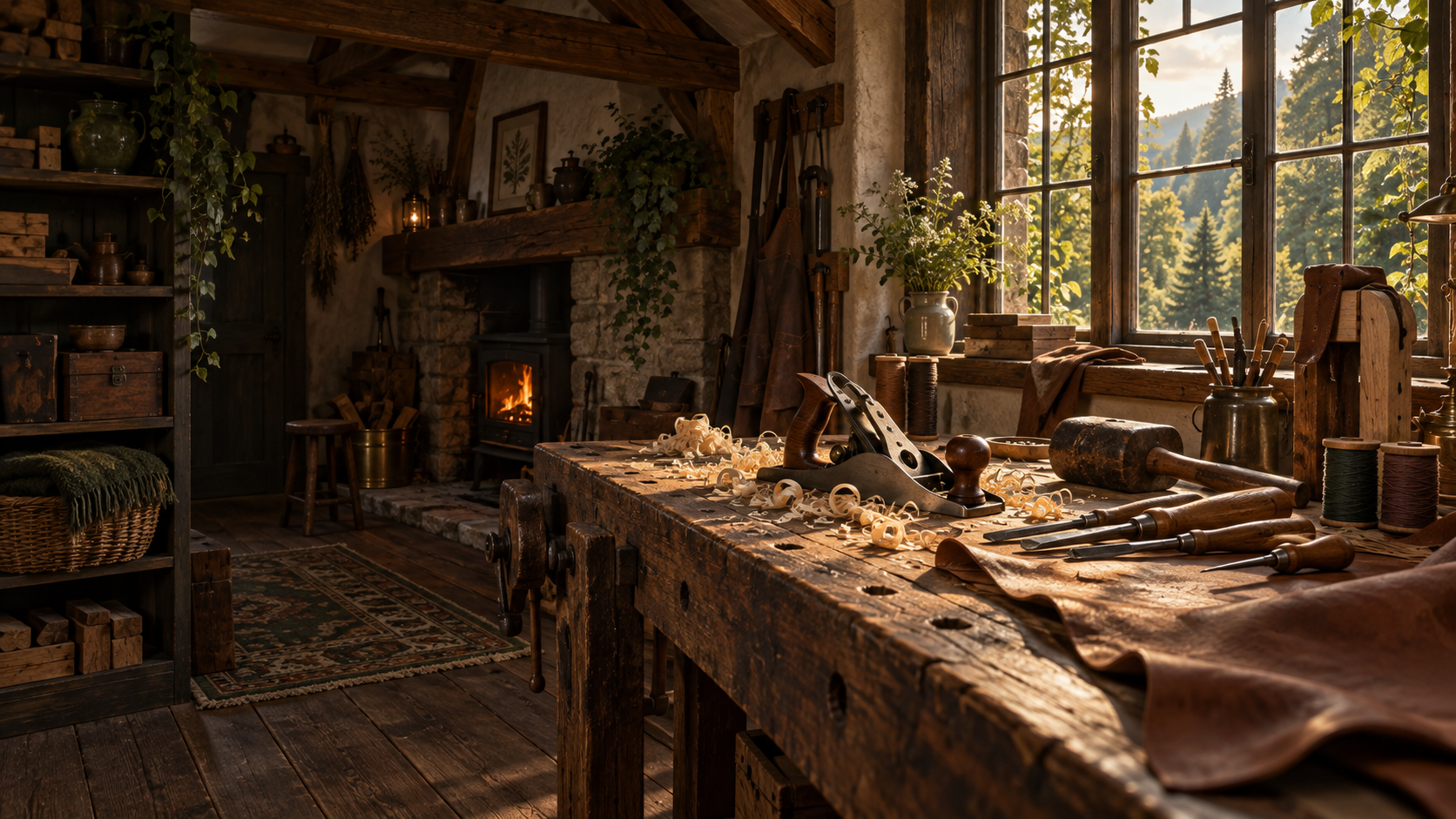 Illustrated concept of a warm workshop with woodworking tools and leather at a sunlit bench