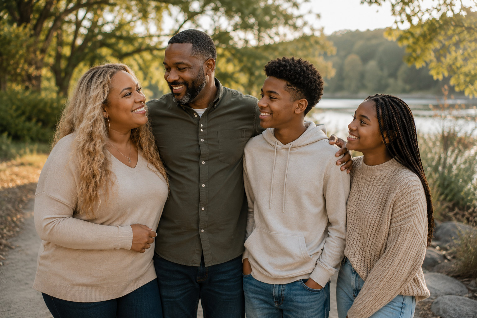Family smiling together outdoors