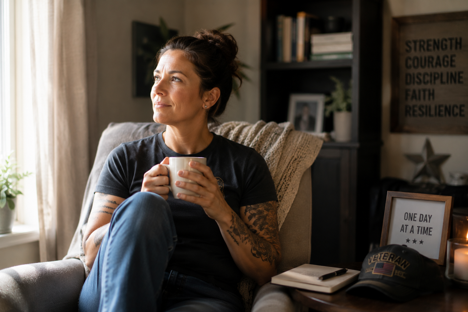 Female veteran finding peace at home