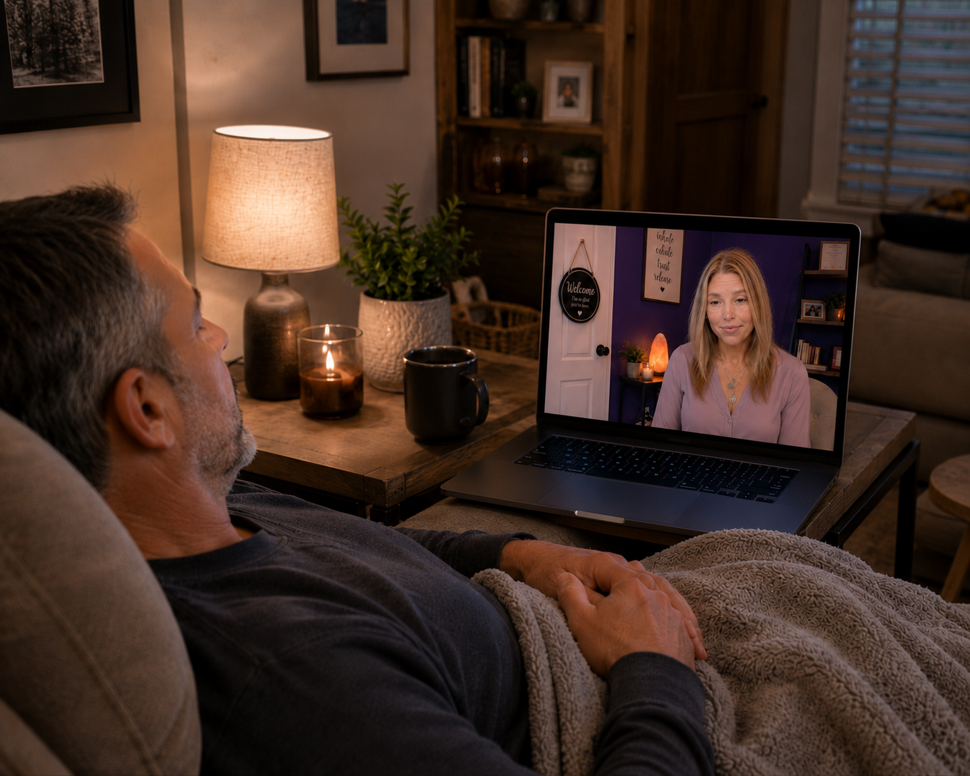 Cozy at-home virtual hypnotherapy session setup