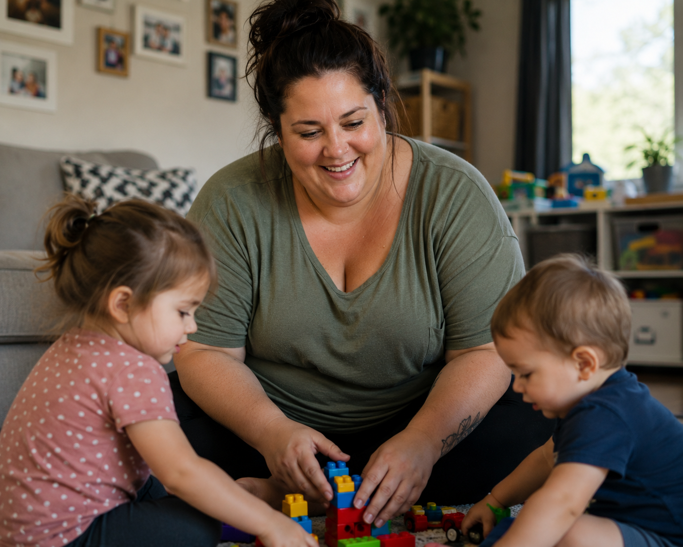 Mother playing with two young children at home