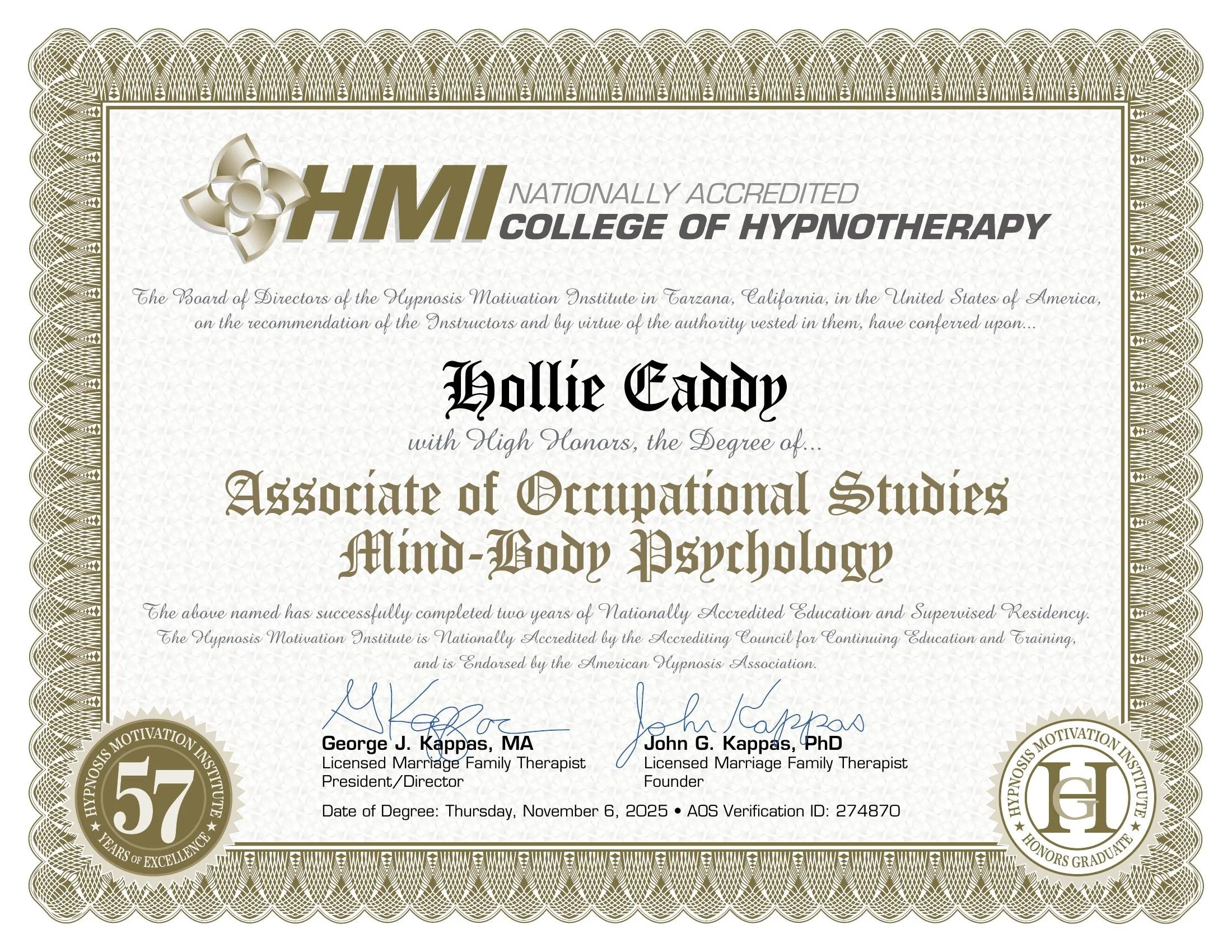 Diploma in Mind-Body Psychology with High Honors