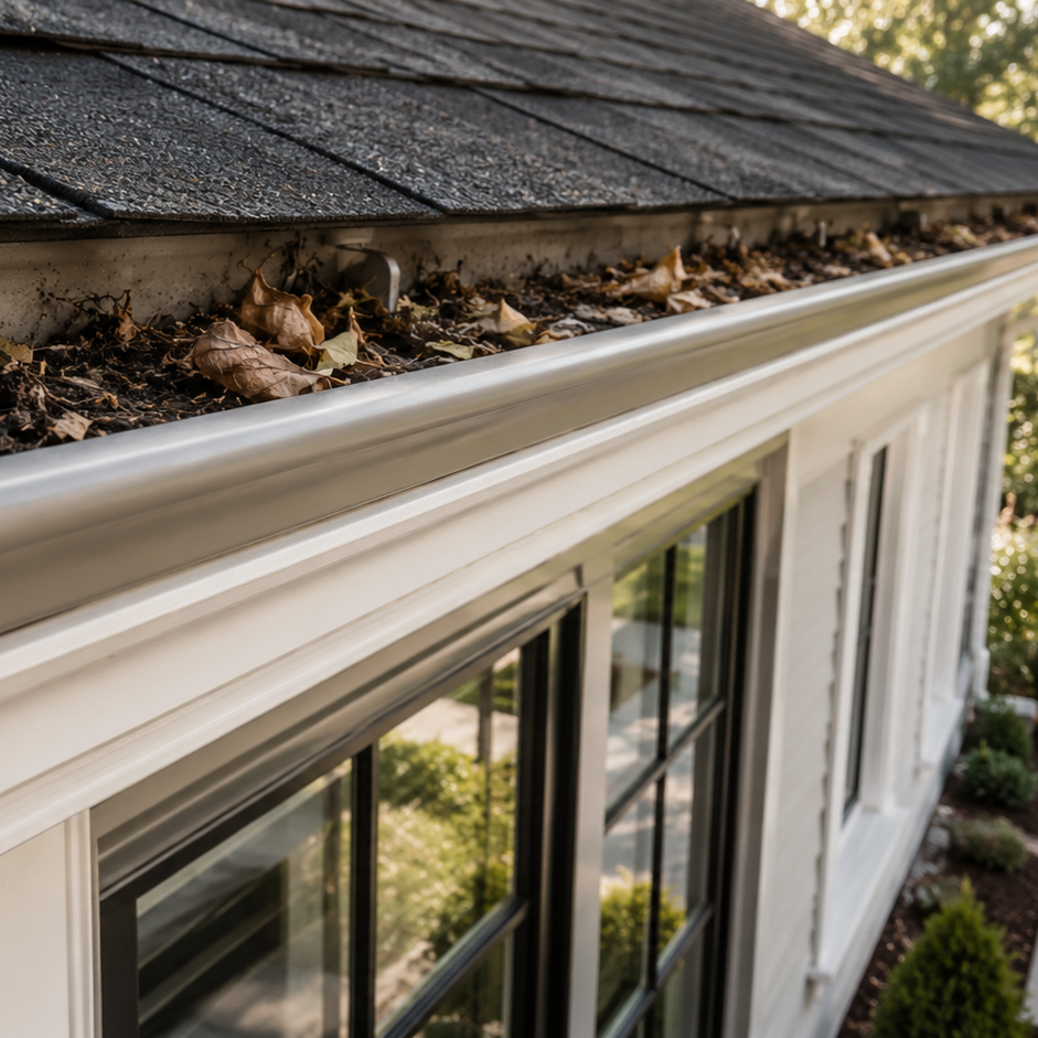 overgrown gutter clogged with leaves and sapling