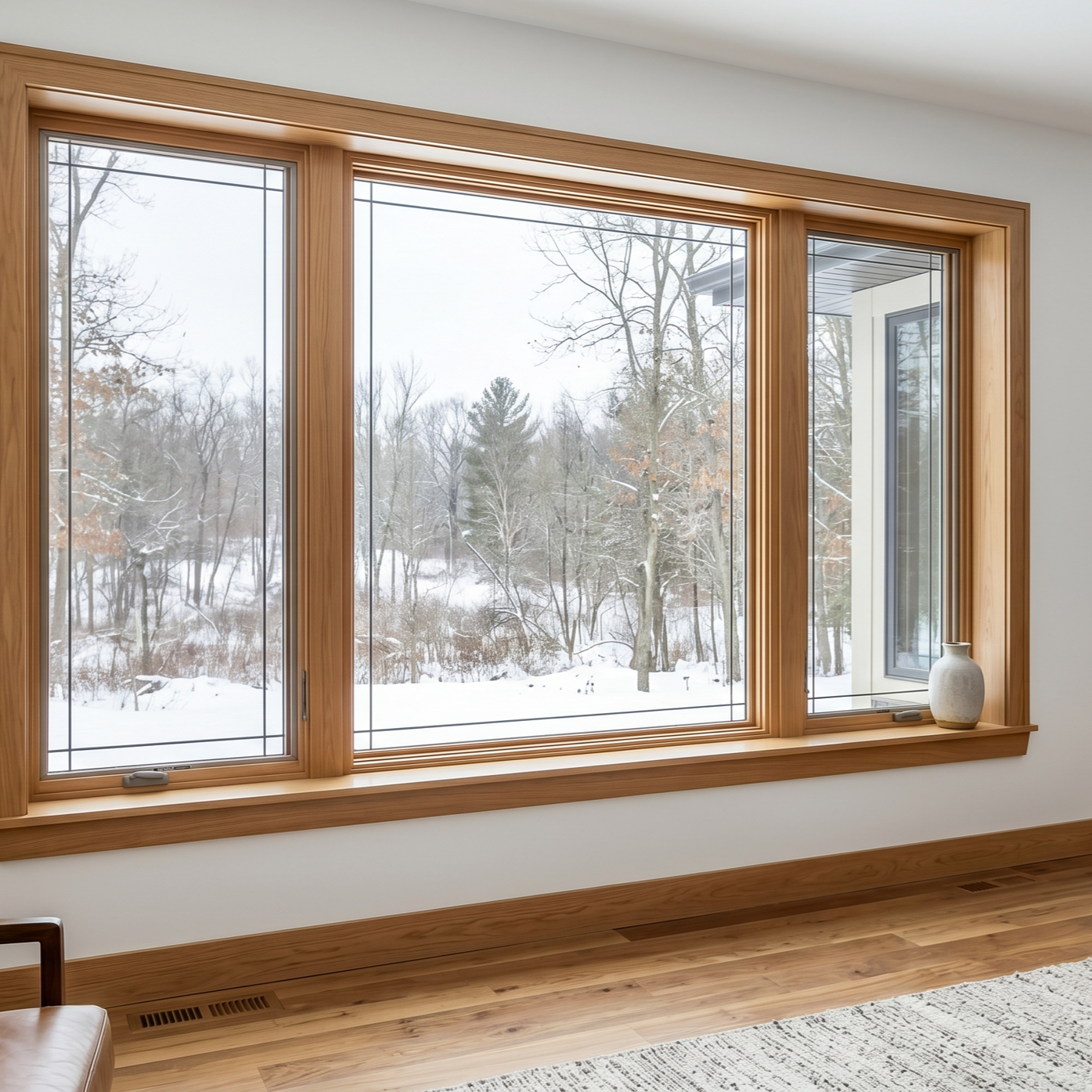 a frosty triple-pane window with a Wisconsin house visible outside