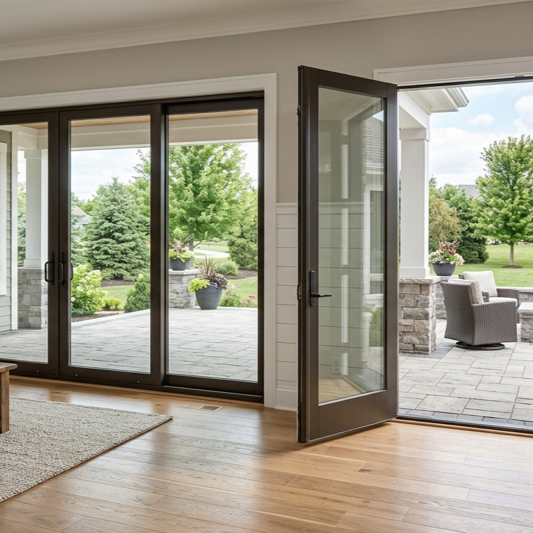 sunlit backyard with sliding glass door open