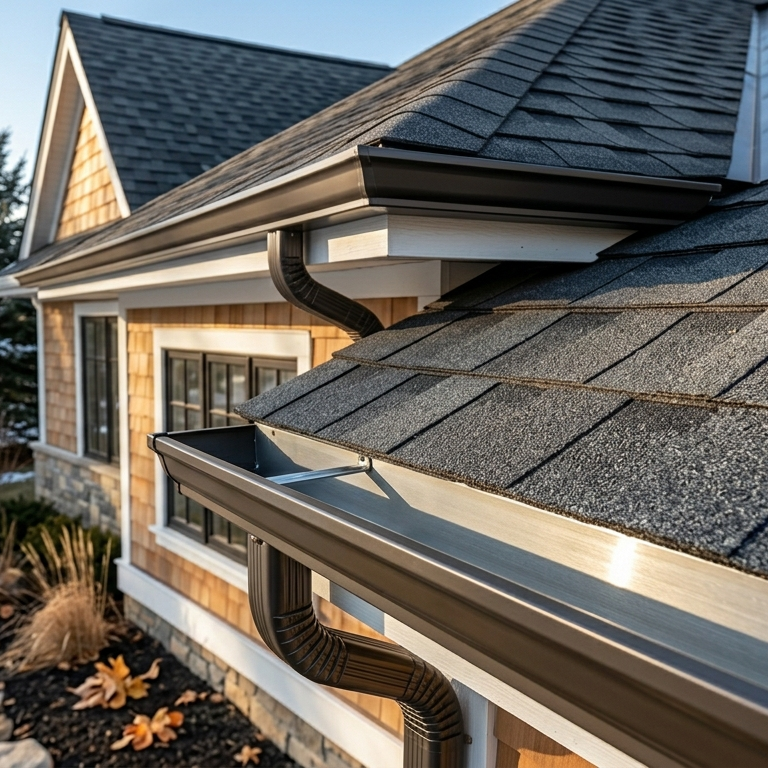 gray roofing granules collected in a metal gutter