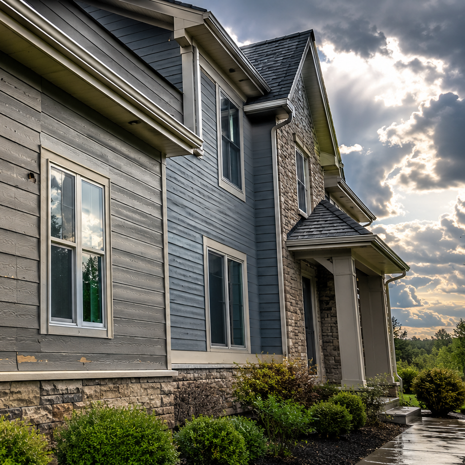 house siding with dented panel near roofline
