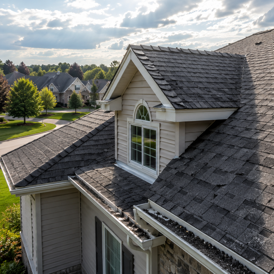 cracked asphalt shingle with exposed underlayment