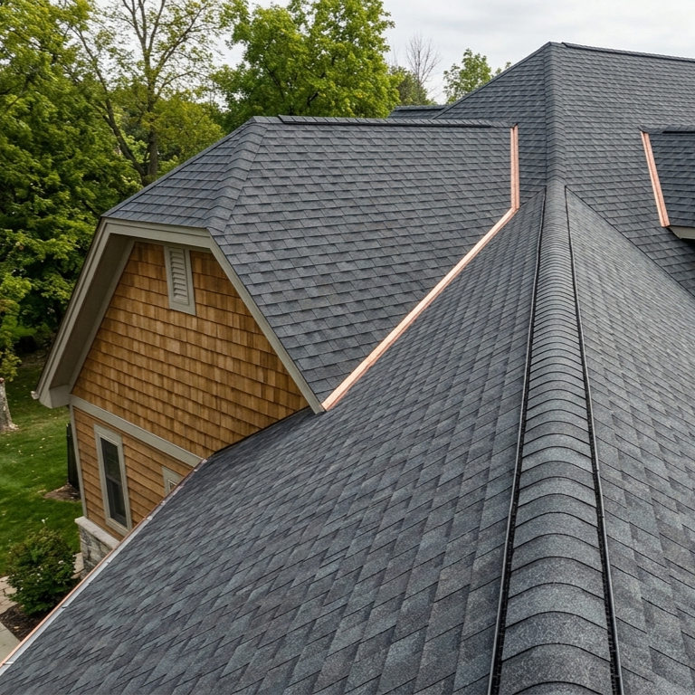 close up residential asphalt shingle roof damage from hail