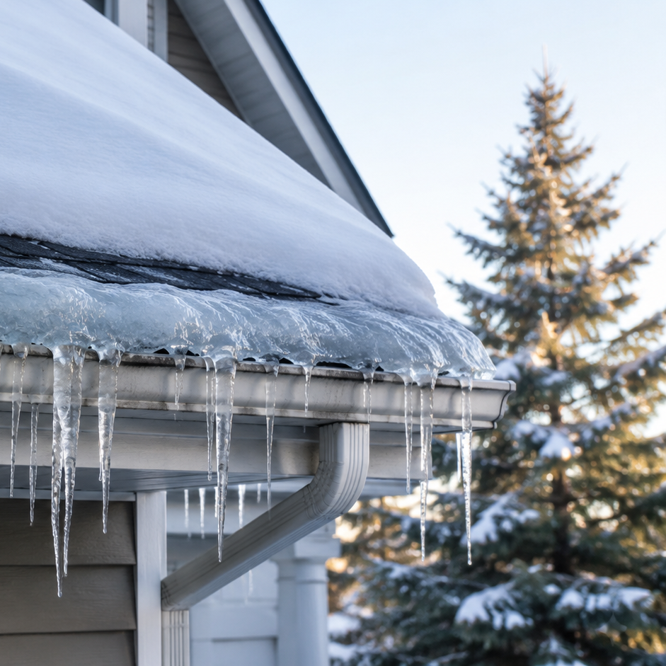 ice dam along snow-covered roof edge with icicles