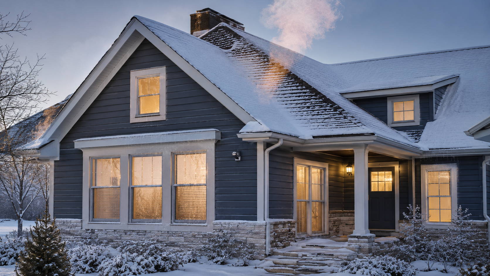 house with snow on roof and lit windows at dusk