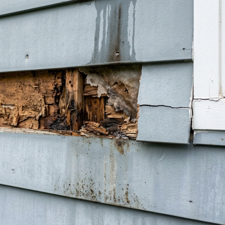peeling paint on damp house siding near window