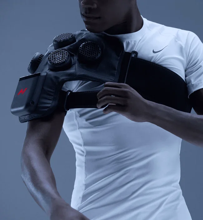 Hyperice X 2 electronic contrast therapy device worn on the shoulder