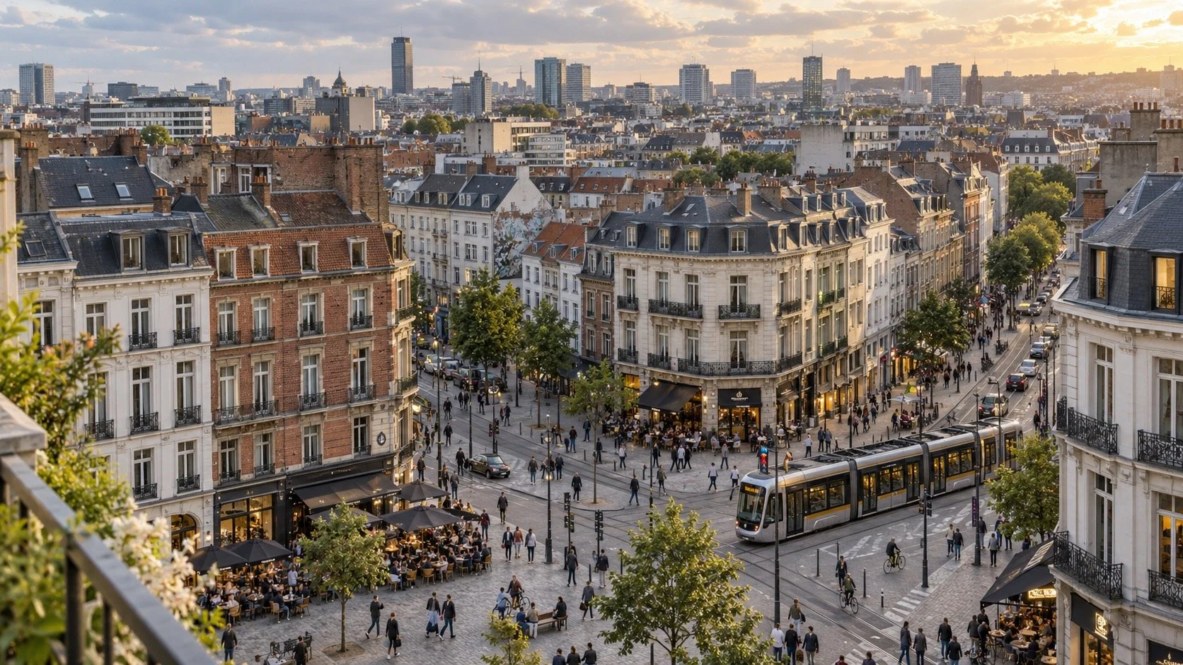 Vue illustrative en hauteur d’un centre urbain inspiré de Bruxelles, avec maisons, immeubles, commerces et passants