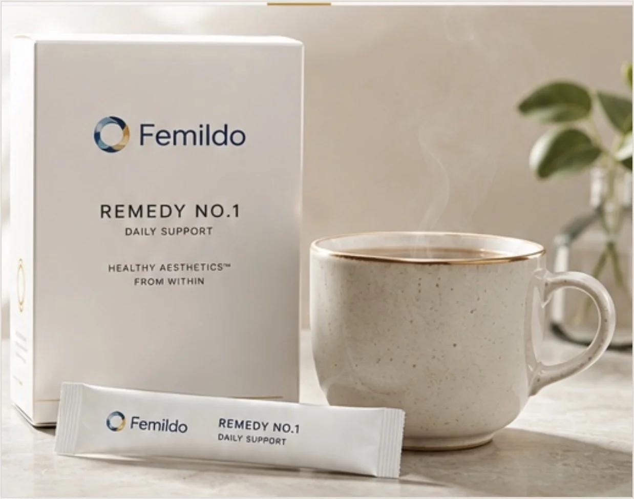Femildo Remedy No.1 packaging beside a warm ritual cup