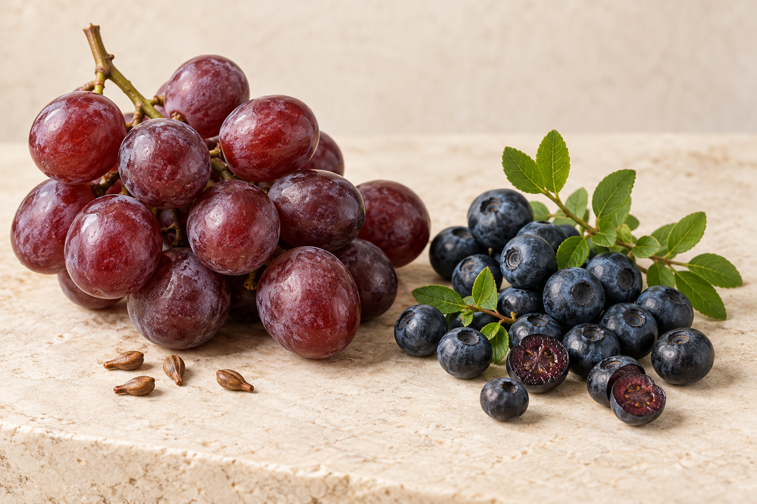 Rote Trauben mit Traubenkernen und Heidelbeeren