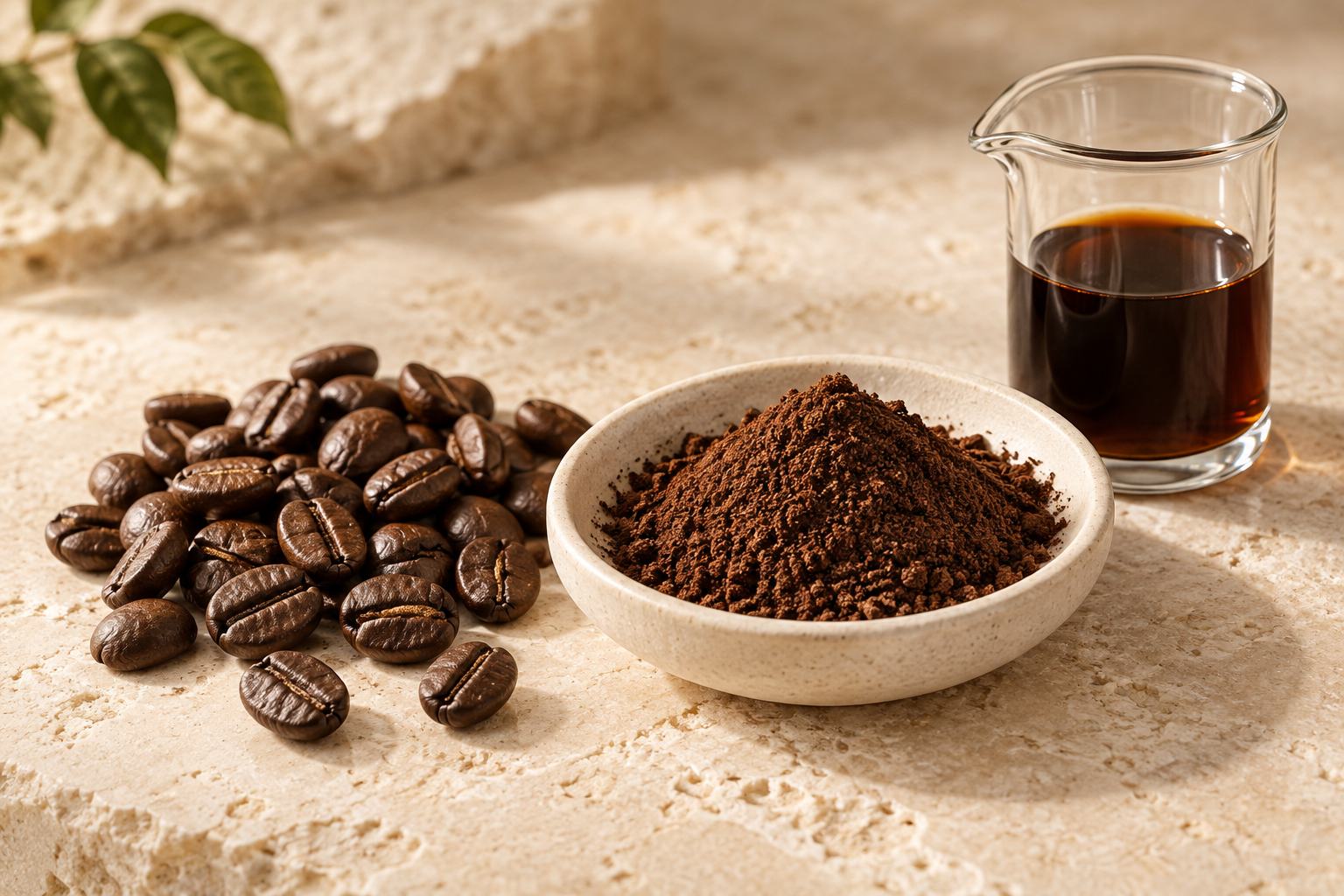 Kaffeebohnen, feines Kaffeepulver und dunkler Kaffeeextrakt