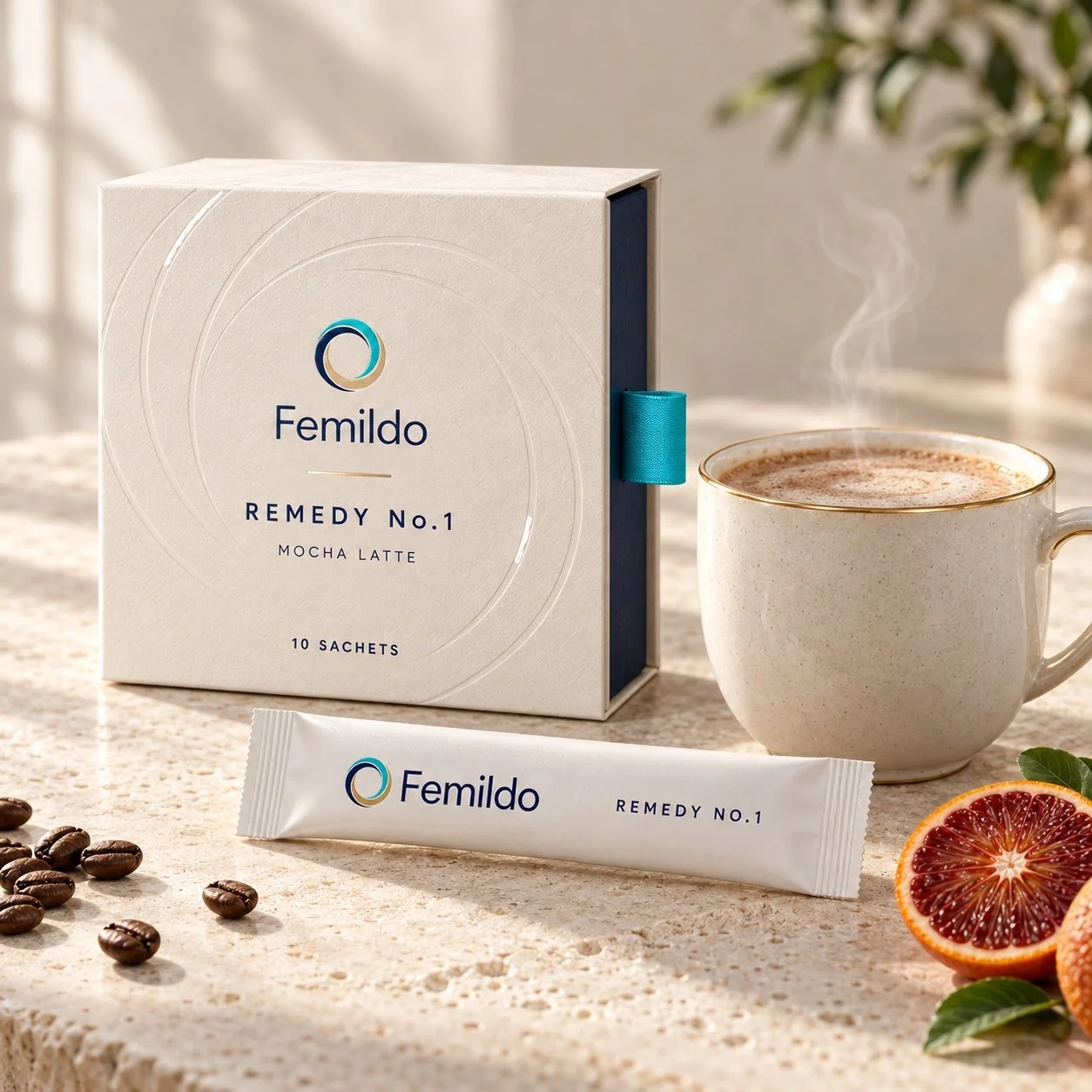 Remedy No.1 mit Sachet, warmem Getränk, Kaffeebohnen und Blutorange