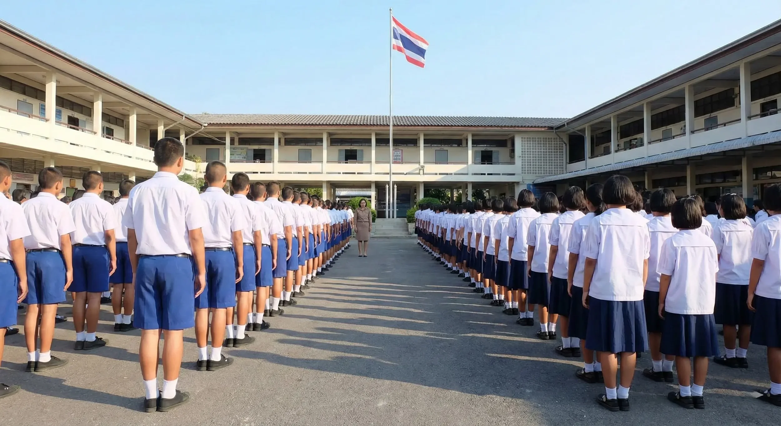 นักเรียนยืนเข้าแถวหน้าเสาธงในโรงเรียนไทย