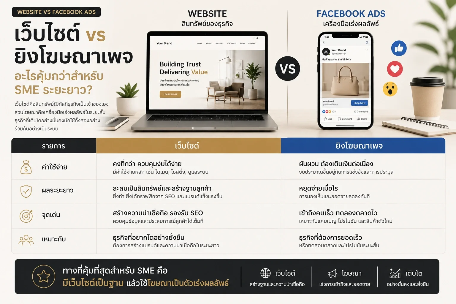 เปรียบเทียบเว็บไซต์กับการยิงโฆษณา Facebook สำหรับธุรกิจ SME ในแง่ความคุ้มค่าและการเติบโตระยะยาว