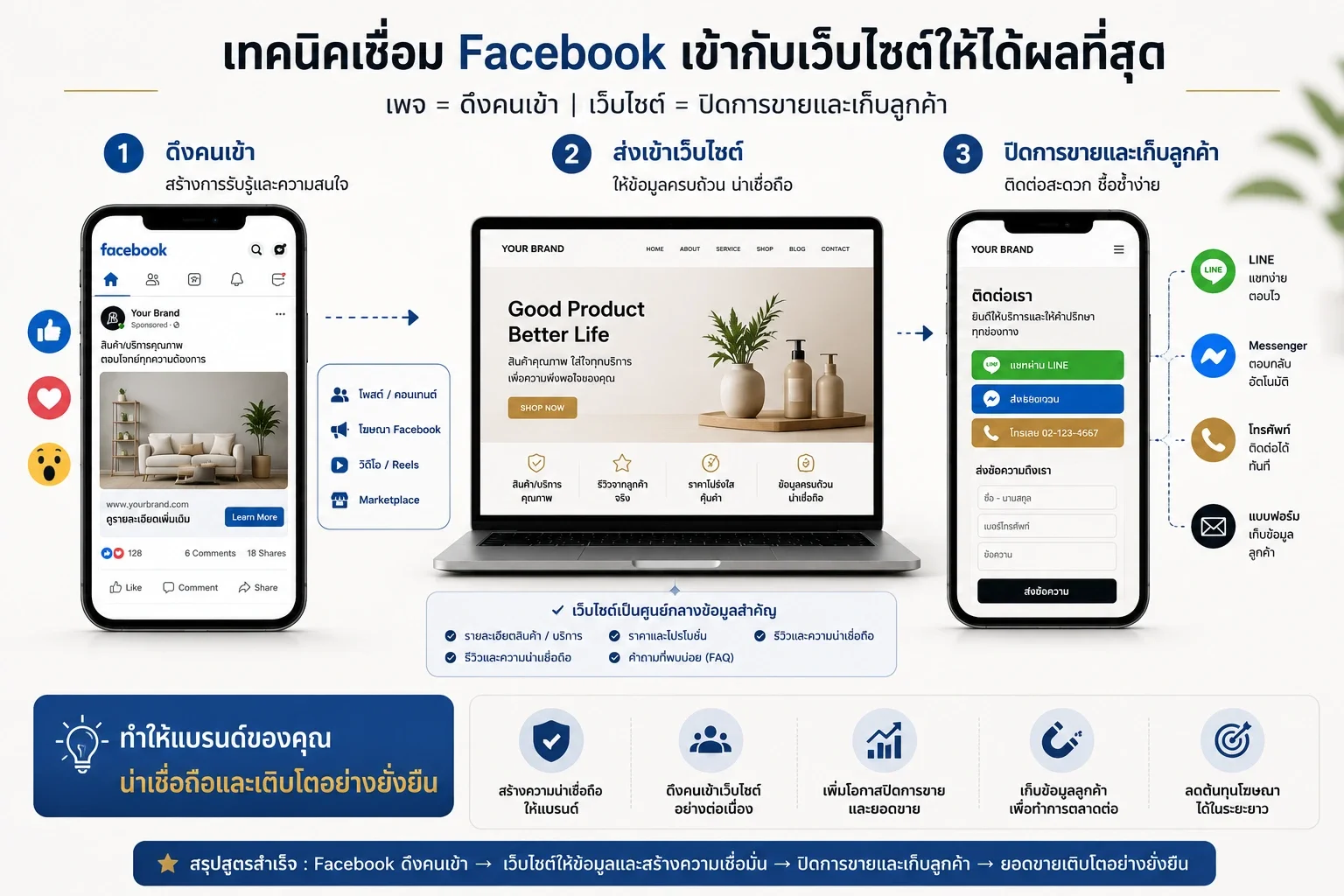 แผนผังการเชื่อม Facebook กับเว็บไซต์เพื่อเพิ่ม Conversion สำหรับธุรกิจ SME โดยใช้ Facebook ดึงคนเข้าและเว็บไซต์ปิดการขาย