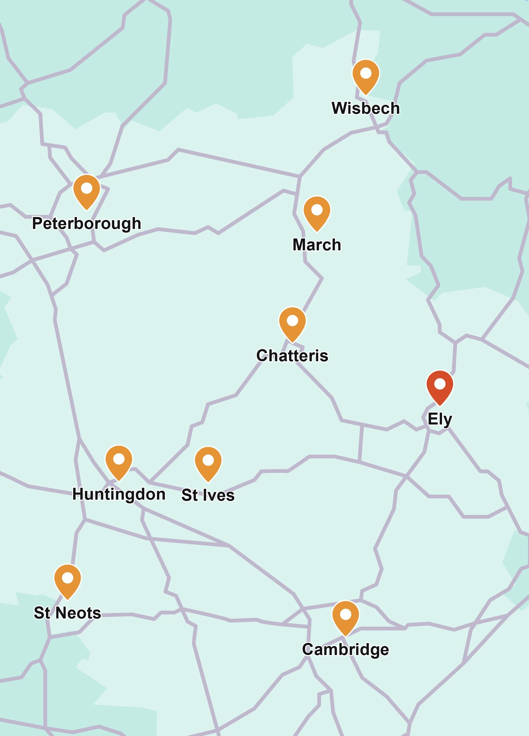 Map of Cambridgeshire service areas covered by J2B Logistics