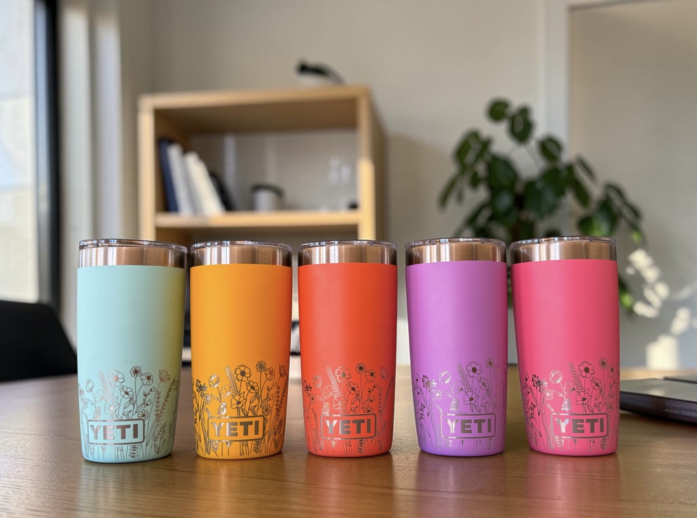 Five colourful wildflower engraved tumblers