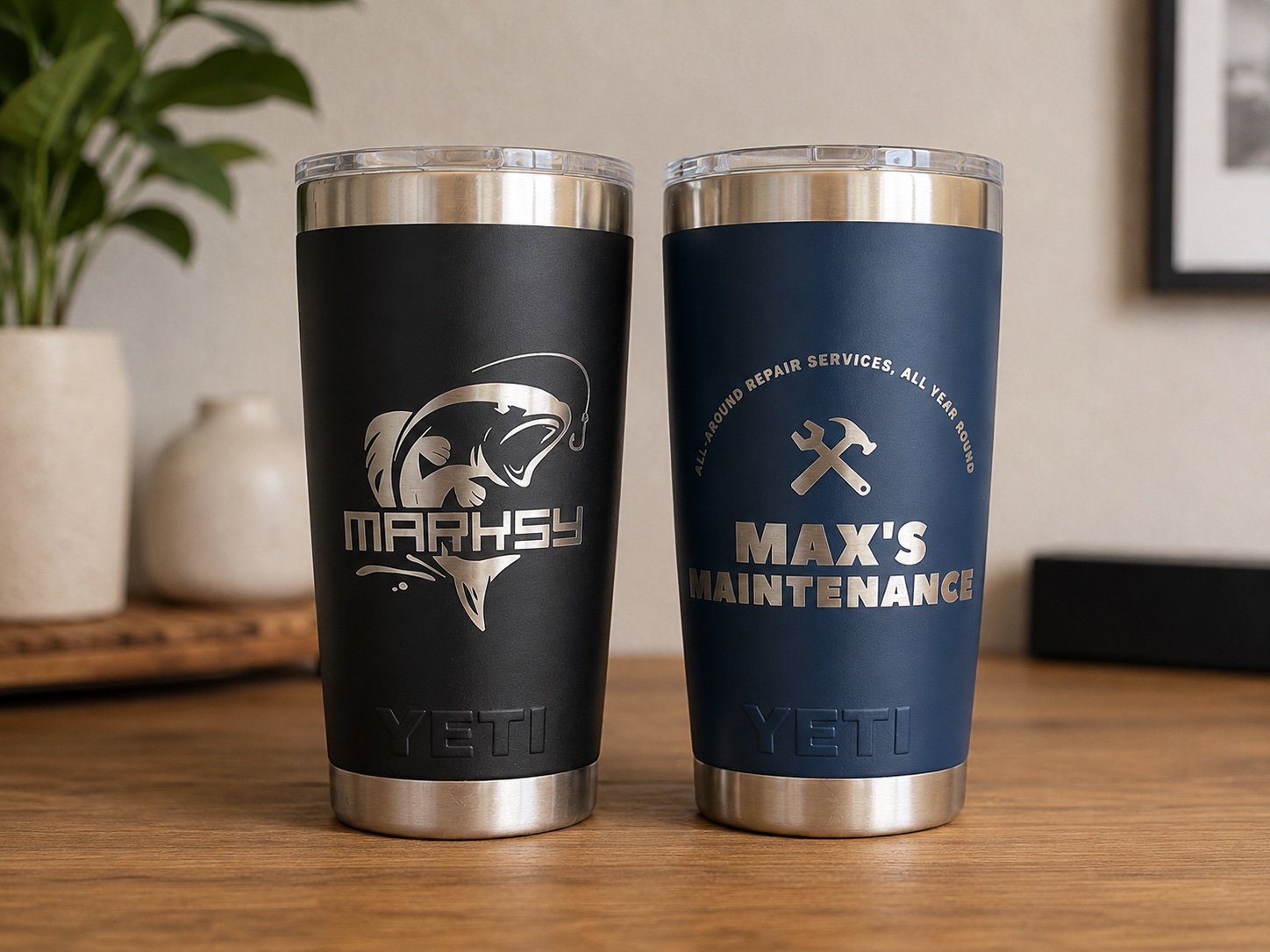 Engraved fishing and business logo tumblers